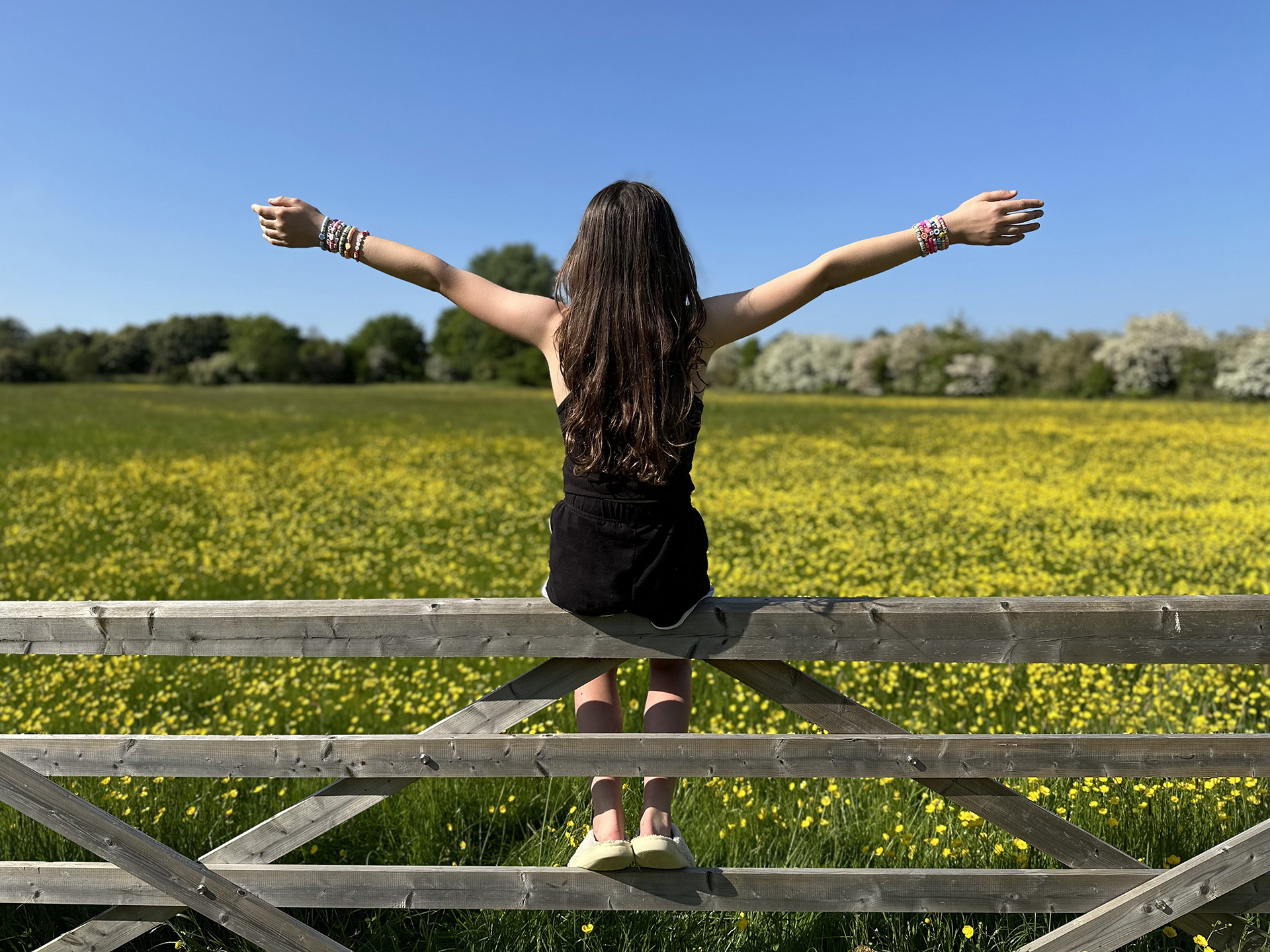 Caitlin sitting on a gate overlooking a field of yellow flowers